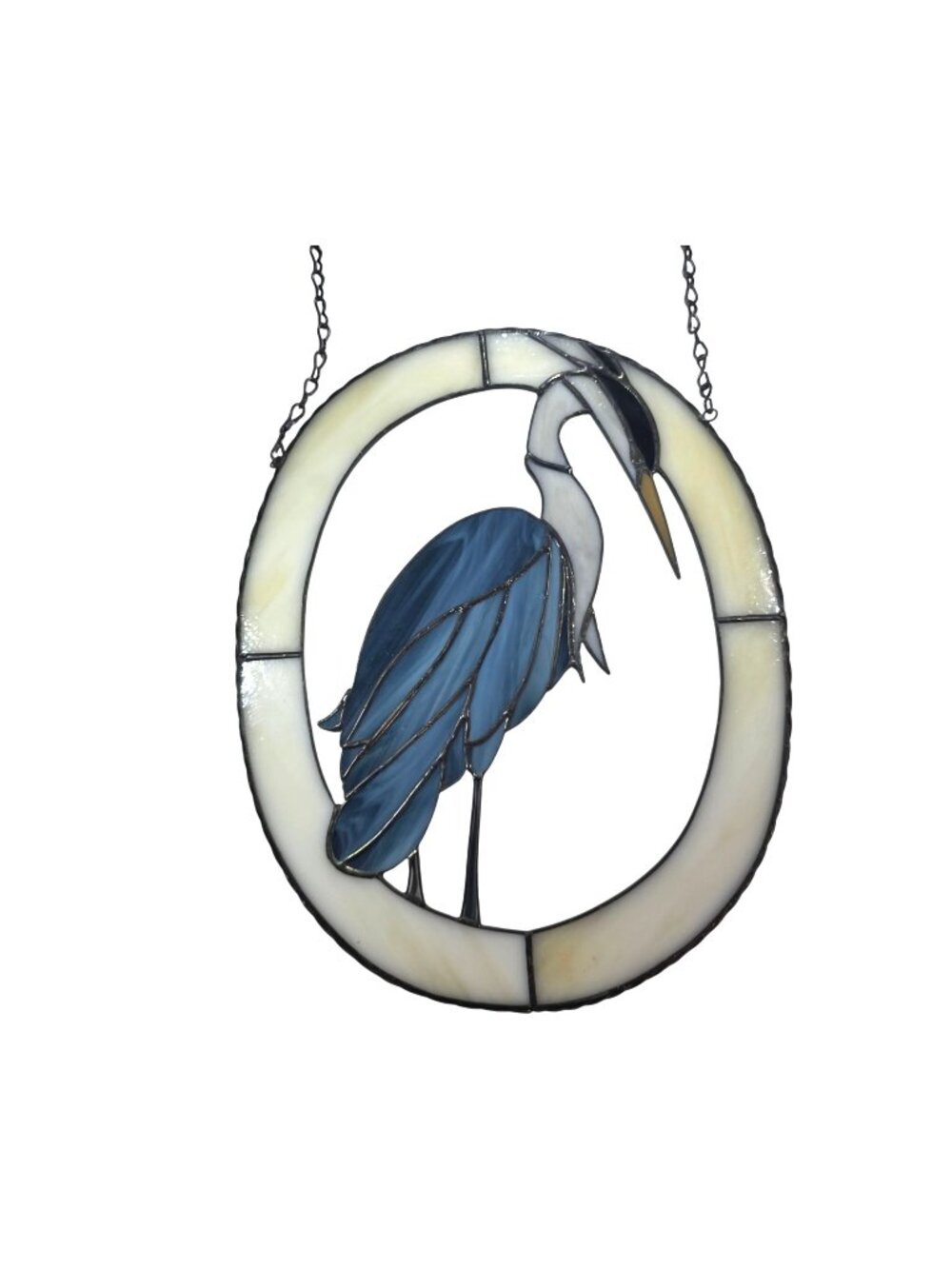 Stained Glass Blue Heron Oval Bird Nature Window Wall Hanging Decor